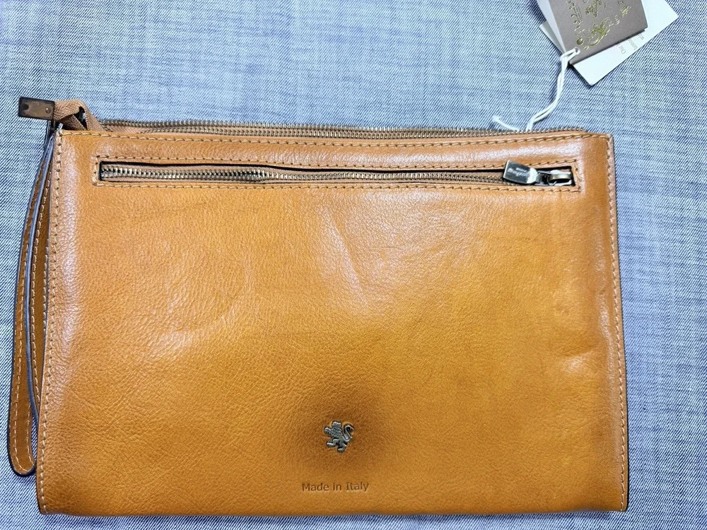 Pratesi Firenze Wristlet Clutch Bag Cognac Tan Italian Leather Handmade NWT